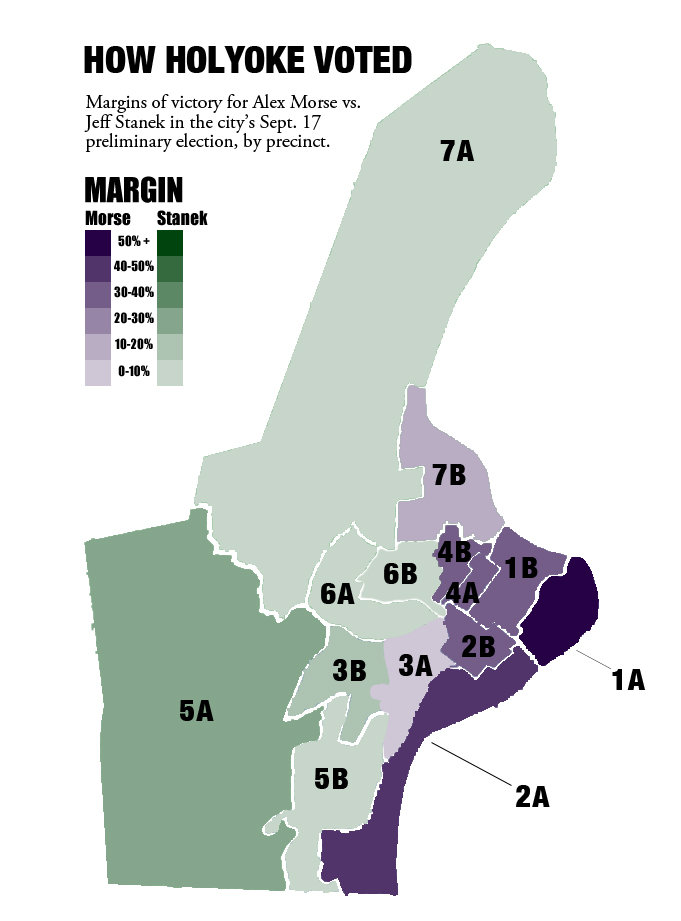 This breakdown, created by Greg Saulmon of The Republican, depicts how the two leading candidates fared in each voting precinct.
