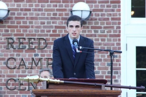 Student-body President Emmett O'Malley speaks at Williston's 2014 Convocation. Photo courtesy of Loren Po '15.