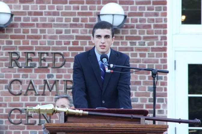 Student-body President Emmett O'Malley speaks at Williston's 2014 Convocation. Photo courtesy of Loren Po '15.