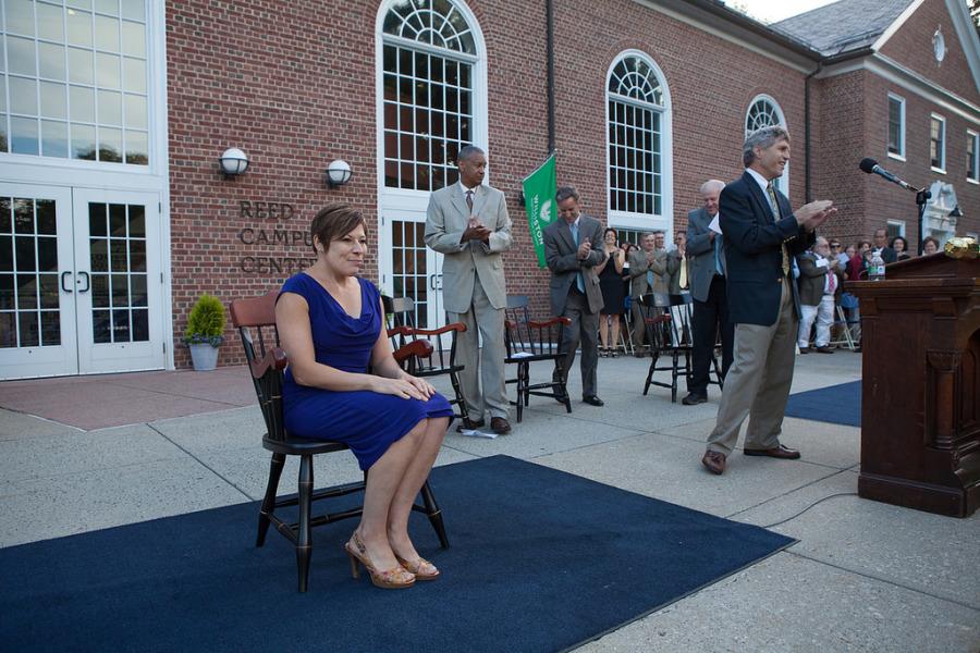 French teacher Ms. Sue Michalski was honored with the Hagedorn Chair at Convocation.