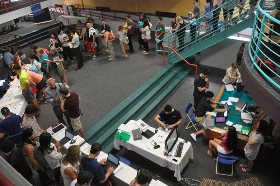 Students wait in line for their Surface Pros during Welcome Days 2013. Many cited the Surfaces integral role in Williston students lives as a reason they could not really unplug.