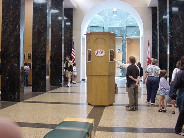 The Baseball Hall of Fame in 2001. The pillar in the middle of the hall is reserved for that year's newest inductees.