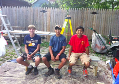 Vikram (center) hard at work on his Eagle Scout project.
