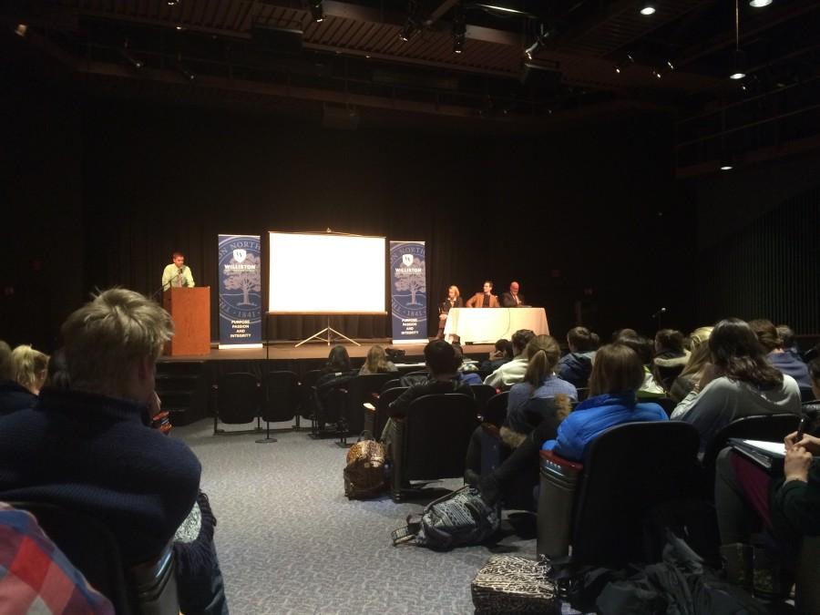 Director of College Counseling, Mr. Tim Cheney introduces the speakers, calling them an "All star team of college admissions."