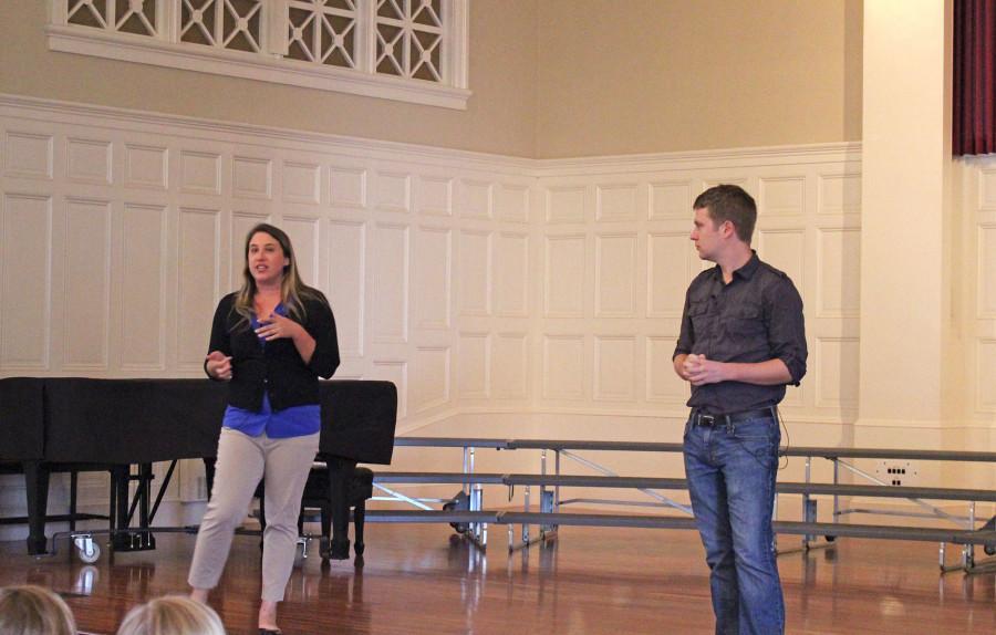 Amanda Bauer and Colin Gallant from Campus Outreach spoke to Williston students at a recent assembly about sexual assault. Courtesy of Dennis Crommett