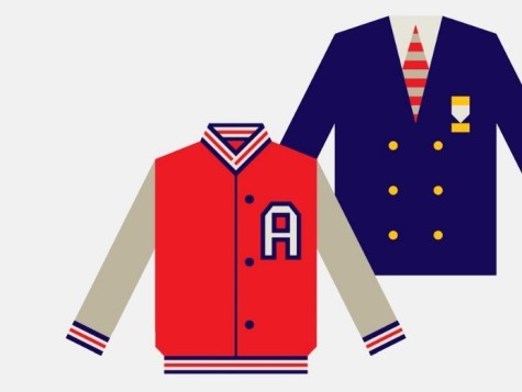 Classic letterman jacket often sported by public school football players in the media (left) and classic private school uniform as portrayed in the media (right) 