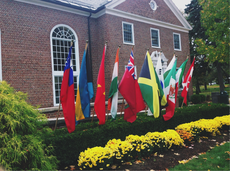 Flags outside the Reed Campus Center representing the international students.