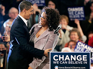 Oprah Winfrey pictured with Barack Obama at his campaign rally in Iowa.