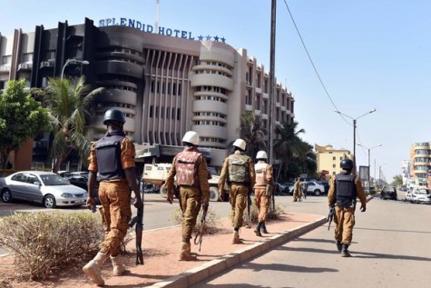 Burkina Faso troops outside Splendid Hotel. 