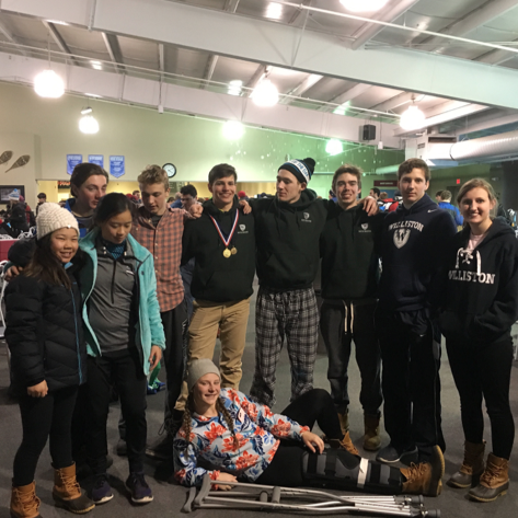 Left to Right: Arden Bacon '21, Molly Solan '19, Josh Calianos '18, Oliver Lawrence '18, Devin DeVerry, '17, Captain JJ Celentano '16, Bryan Soder '18, Gavin Girardin '19, Lizzie Warncke '16. Front: Captain Sophie Carellas '18. The group of skiers who went to Crotched Mountain following the race.