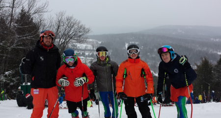 Mr. Will Eberle, Devin DeVerry '17, Bryan Soder '18, Oliver Lawrence '18 and JJ Celentano '16 at the start of the Giant Slalom.
