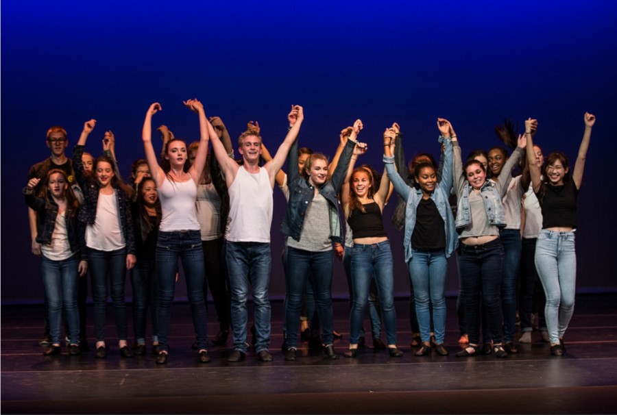 Calvin Ticknor-Swanson (fourth from left) and Leeanna Albanese (fifth from left) bowing during Williston’s fall dance production, Untamed.
Photo courtesy of Williston Flickr
