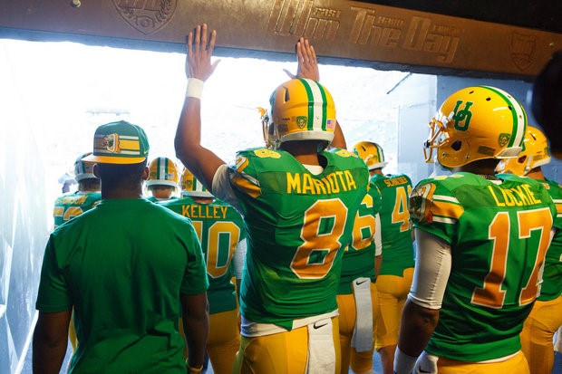 Marcus Mariota, a former member of the Oregon Ducks exits the tunnel before their game. The Ducks were ranked second in the country at this time. 