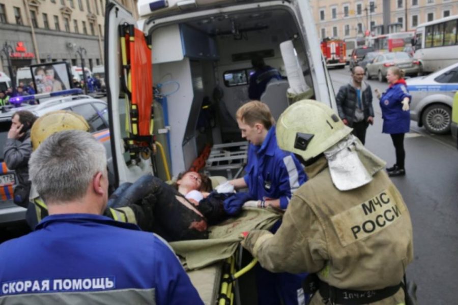 A wounded person outside the Sennaya Square subway station. 