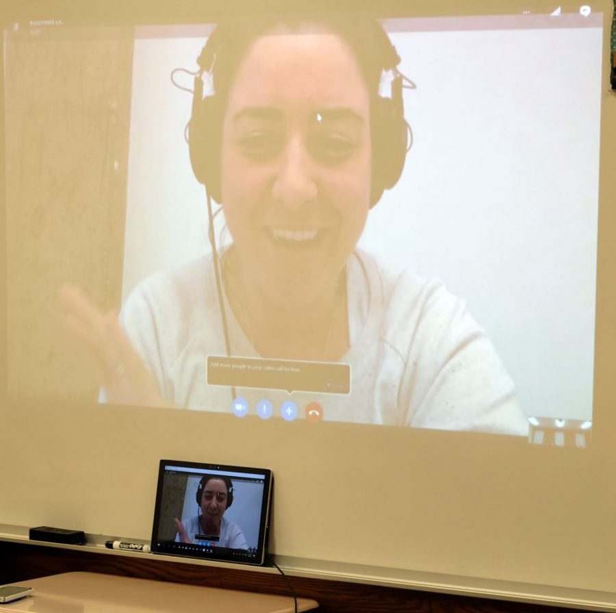 Kate Nocera '01 skyped into the Journalism class. 