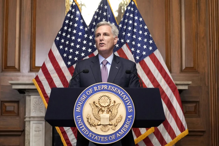 Representative Kevin McCarthy addresses reporters after losing his position as Speaker of the House. Credit: Getty Images.